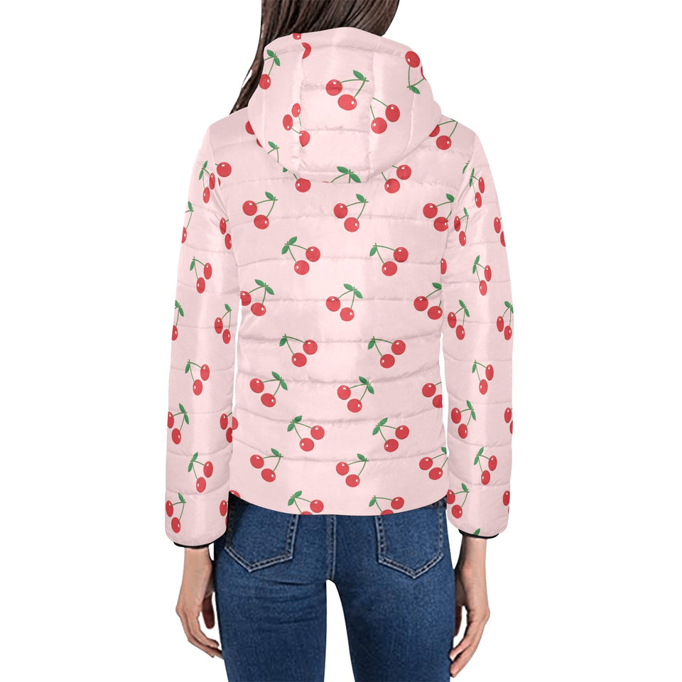 cherry pattern pink background Women's Padded Hooded Jacket