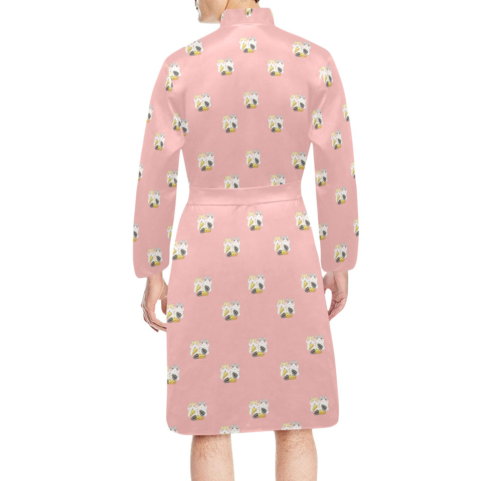 Cute hamster cheese pattern pink background Men's Long Sleeve Belted Night Robe