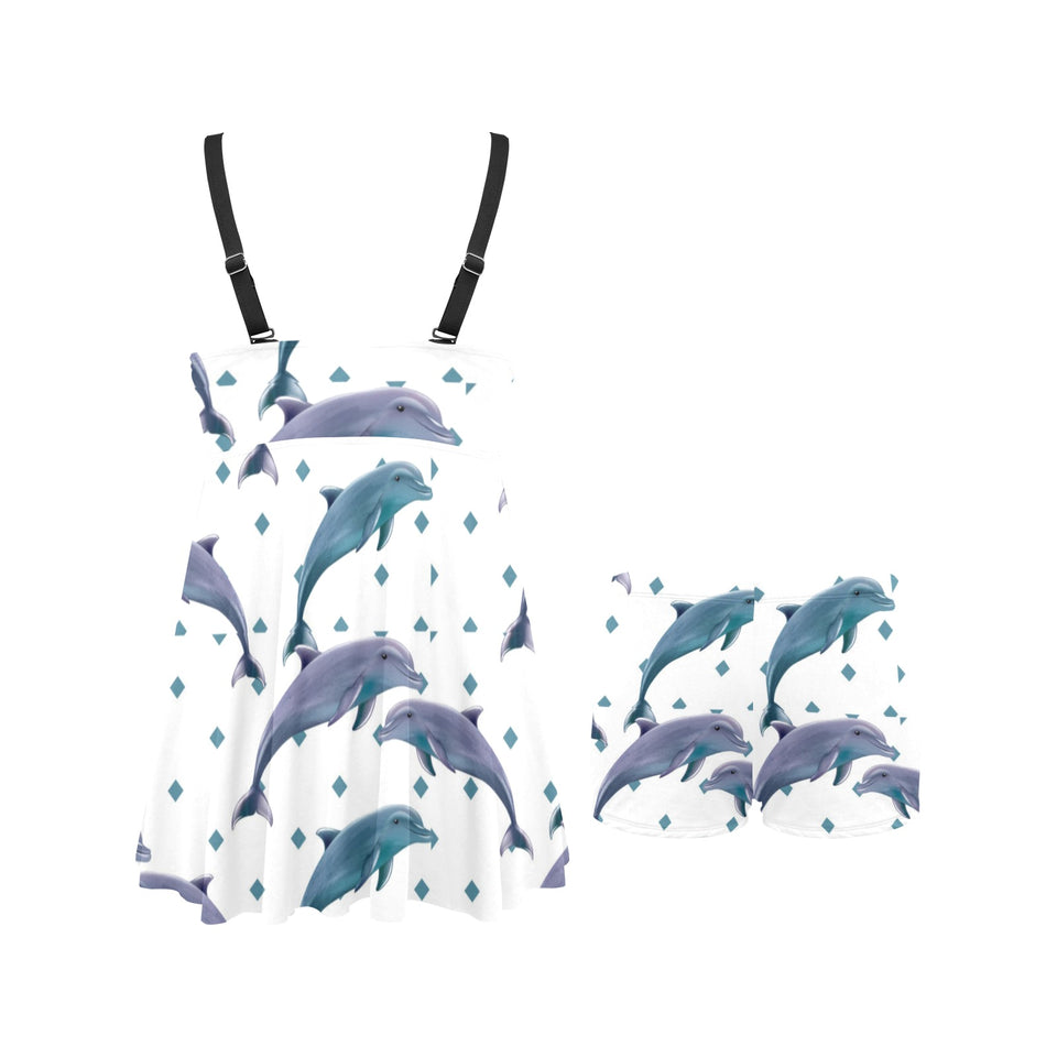 Dolphins pattern dotted background Chest Sexy Pleated Two Piece Swim Dress