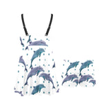 Dolphins pattern dotted background Chest Sexy Pleated Two Piece Swim Dress