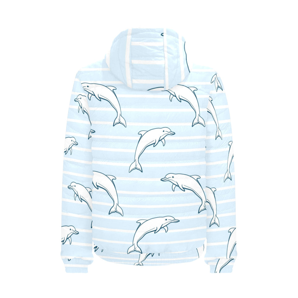 Dolphin blue striped background Men's Padded Hooded Jacket