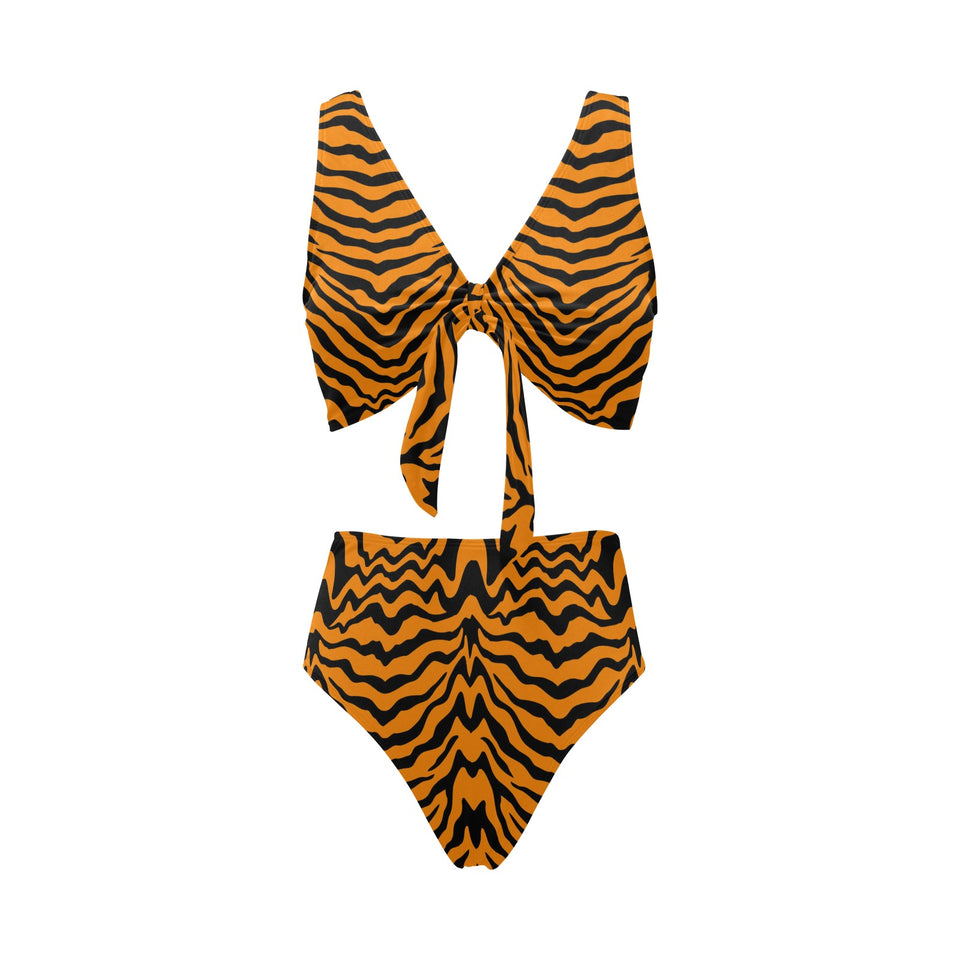 Bengal tigers skin print pattern Chest Bowknot High Waisted Bikini Swimsuit