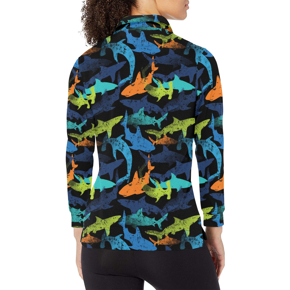 Colorful shark Women's Long Sleeve Polo Shirt