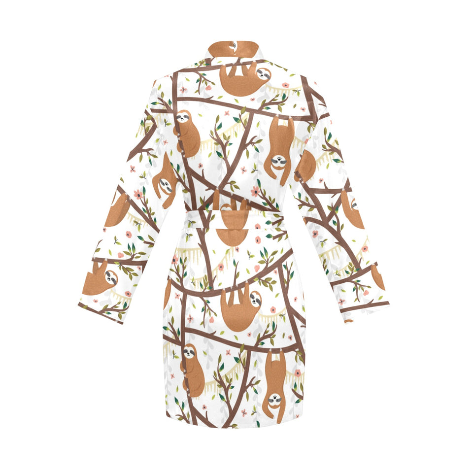 Sloths hanging on the tree pattern Women's Long Sleeve Belted Night Robe