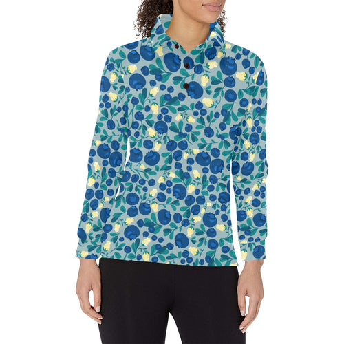 blueberry design pattern Women's Long Sleeve Polo Shirt