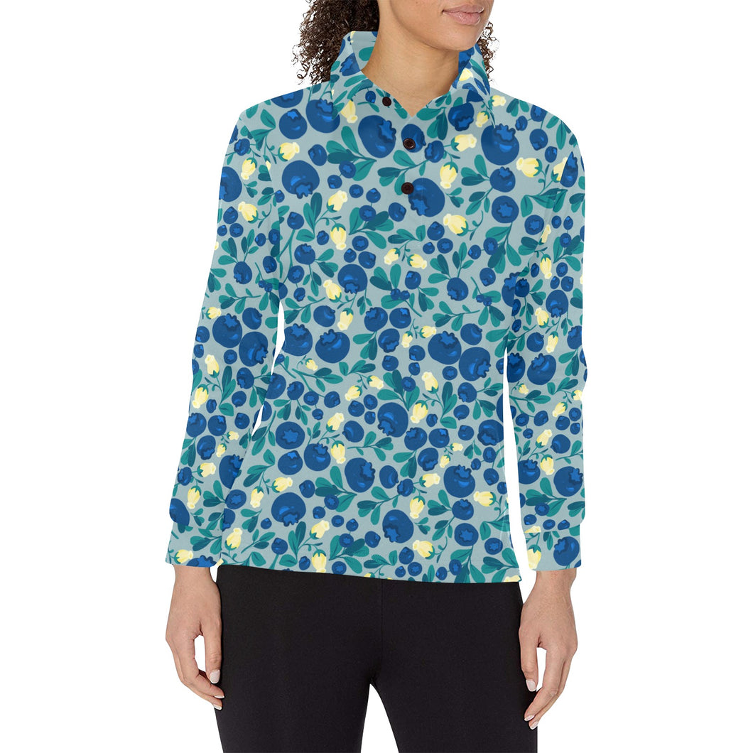 blueberry design pattern Women's Long Sleeve Polo Shirt