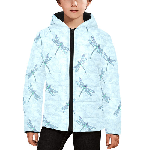 Dragonfly pattern blue background Kids' Boys' Girls' Padded Hooded Jacket