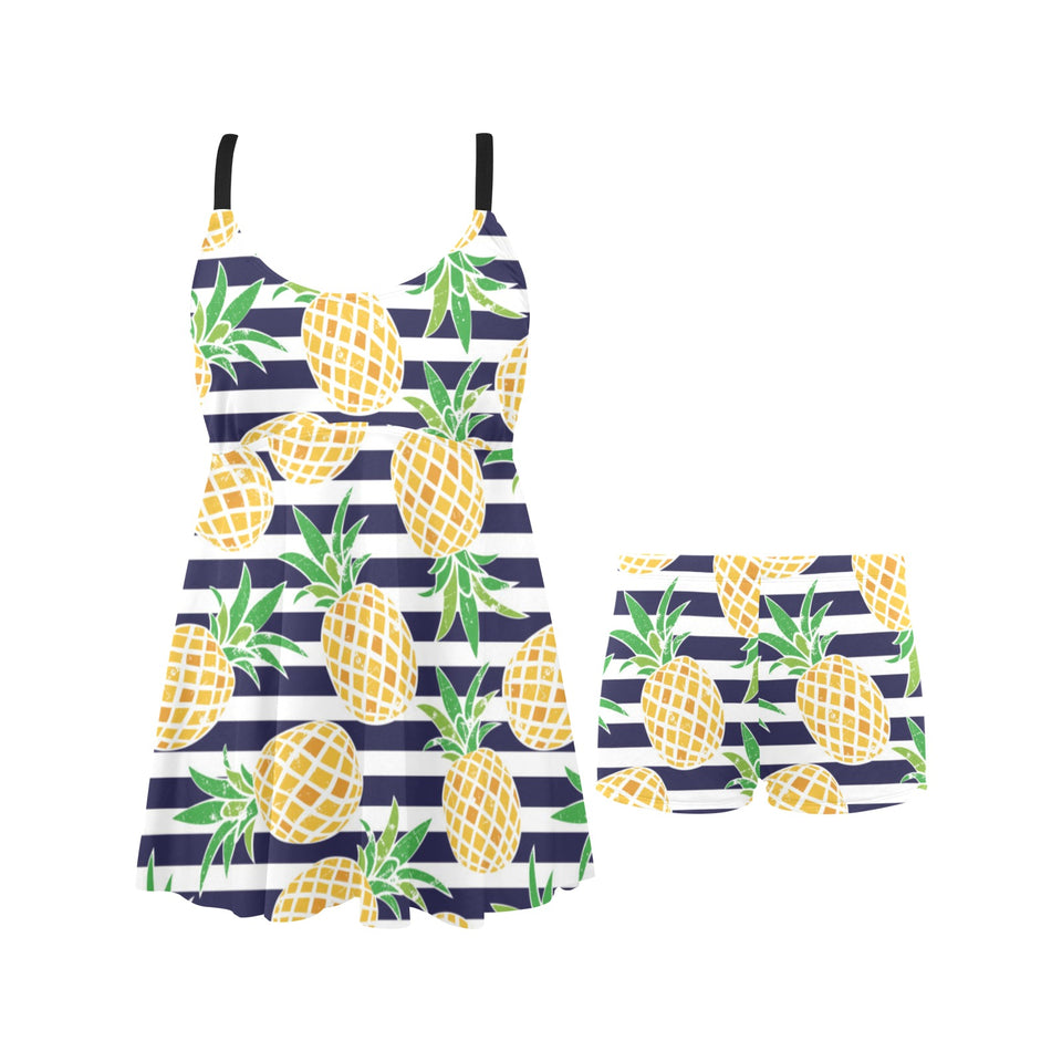 Pineapples pattern striped background Chest Sexy Pleated Two Piece Swim Dress