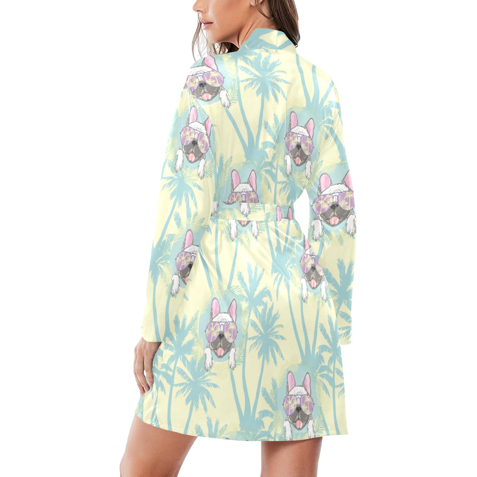 French bulldog hawaii blackground Women's Long Sleeve Belted Night Robe