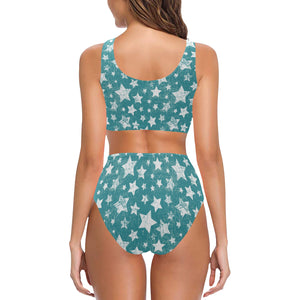 Vintage star pattern Chest Bowknot High Waisted Bikini Swimsuit