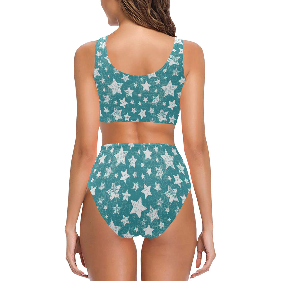 Vintage star pattern Chest Bowknot High Waisted Bikini Swimsuit