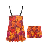Autumn maple leaf pattern Chest Sexy Pleated Two Piece Swim Dress