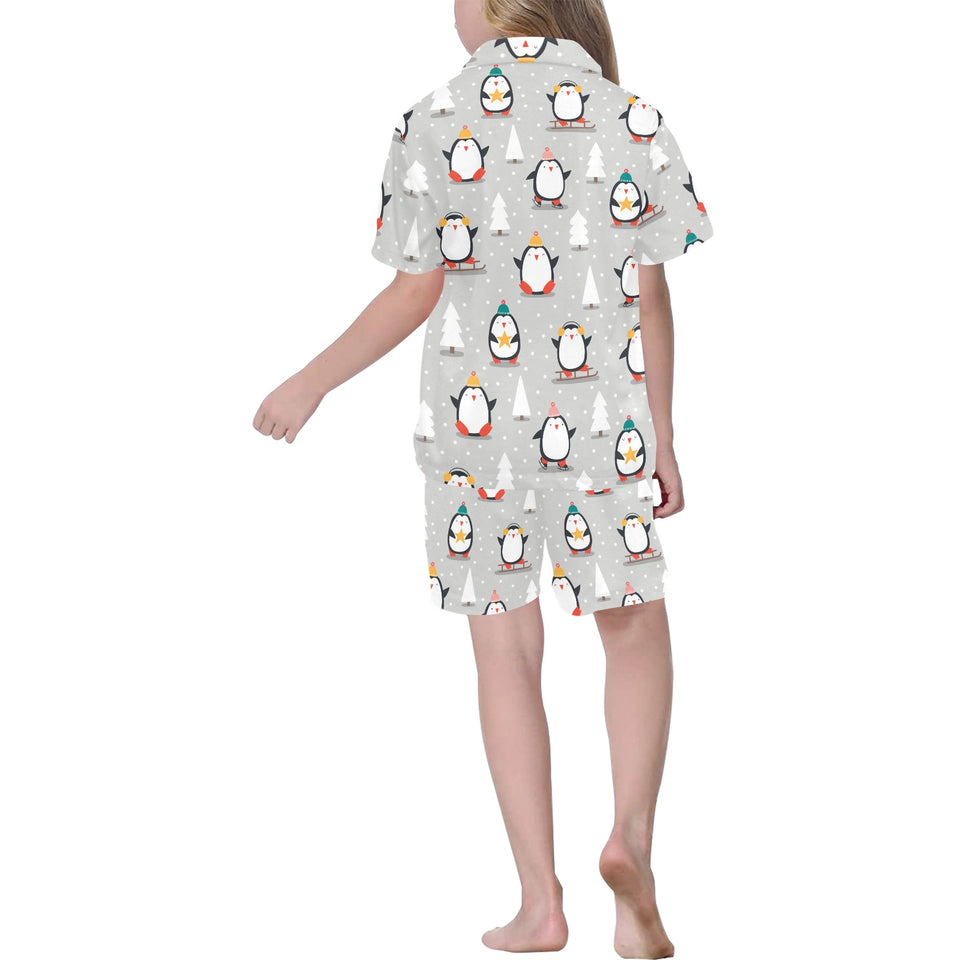 Cute Penguin christmas pattern Kids' Boys' Girls' V-Neck Short Pajama Set