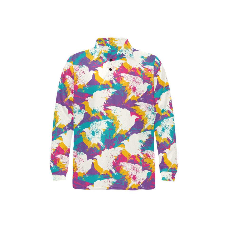 Colorful crow illustration pattern Men's Long Sleeve Polo Shirt