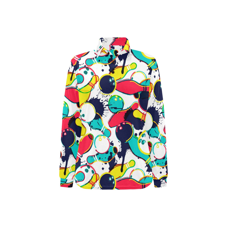 watercolor bowling ball pins Women's Long Sleeve Polo Shirt