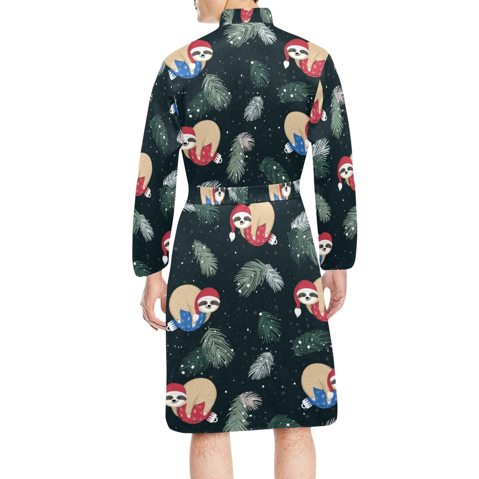 Cute sloths sleeping christmas ball santa hat patt Men's Long Sleeve Belted Night Robe