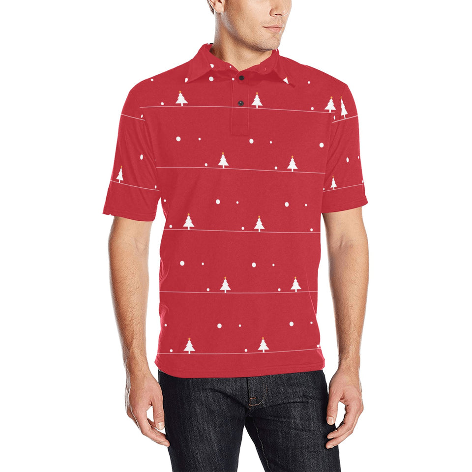 Christmas tree star snow red background Men's All Over Print Polo Shirt