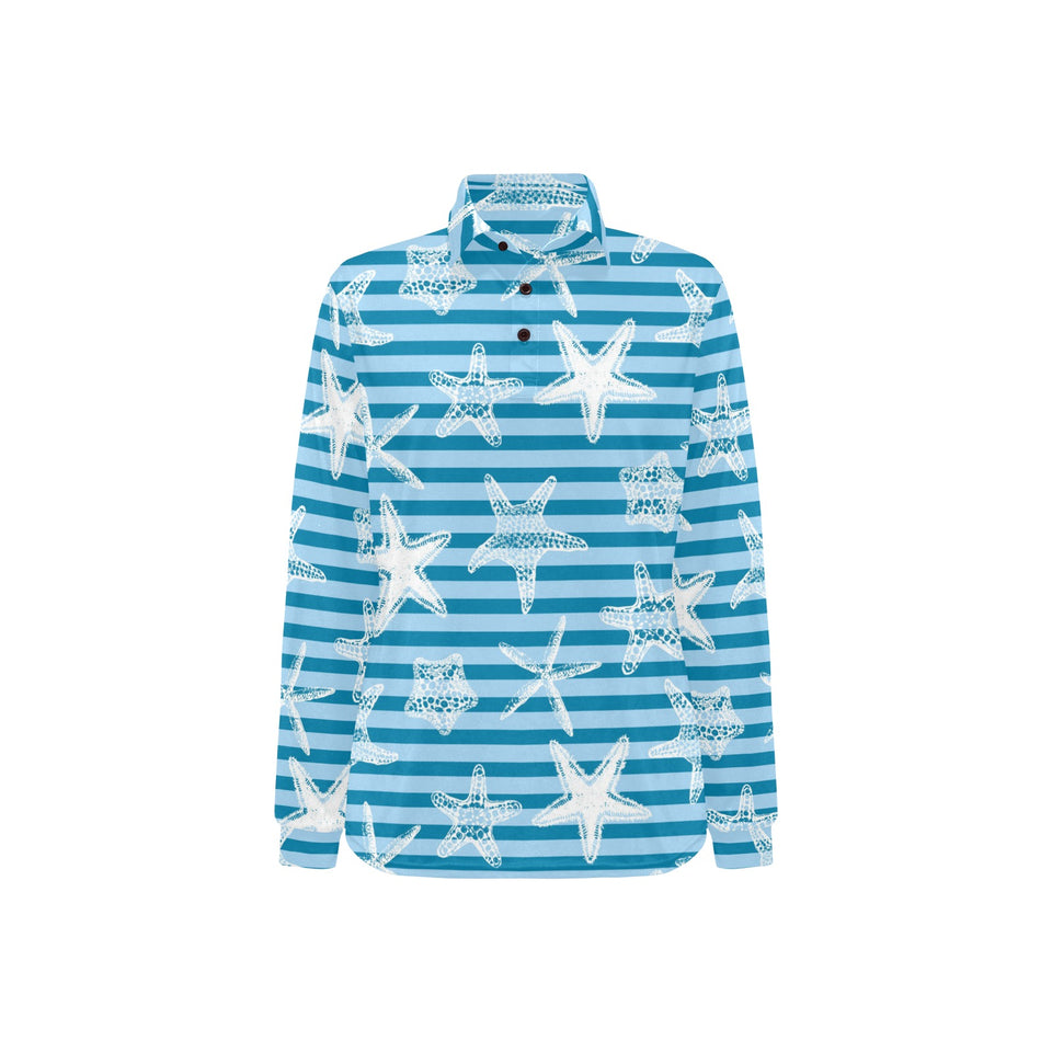 Starfish blue blackground Women's Long Sleeve Polo Shirt