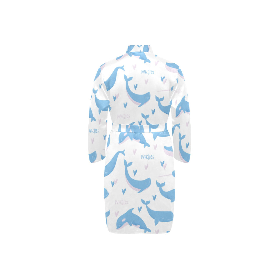Blue whale pattern Men's Long Sleeve Belted Night Robe