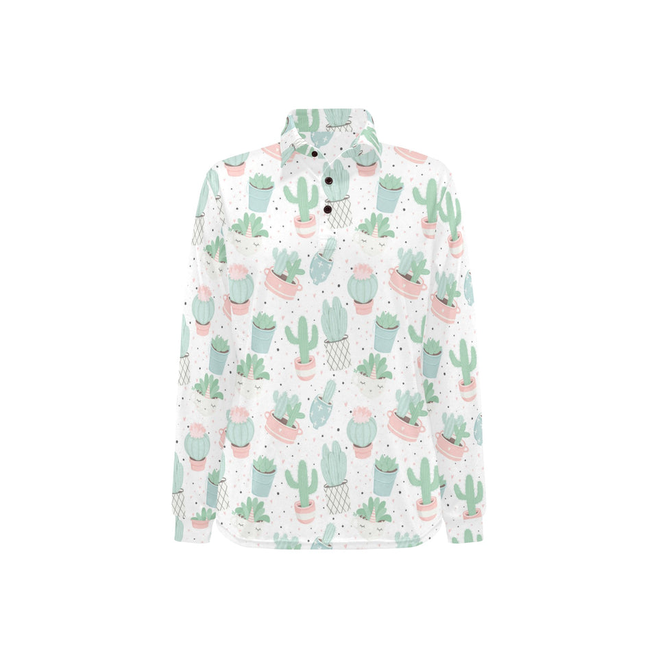 Pastel color cactus pattern Women's Long Sleeve Polo Shirt