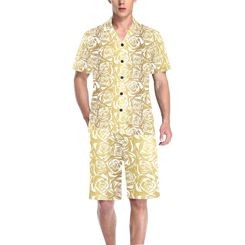 Rose Pattern Print Design 05 Men's V-Neck Short Pajama Set