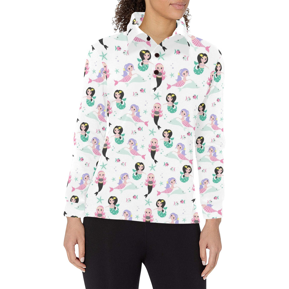 cute mermaid dolphin fish starfish pattern Women's Long Sleeve Polo Shirt
