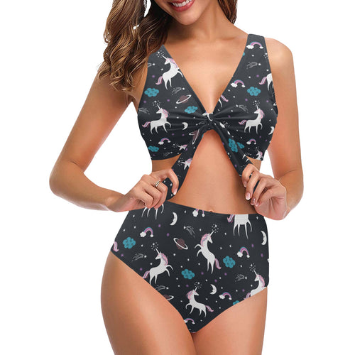 unicorn rainbows moon clound star pattern Chest Bowknot High Waisted Bikini Swimsuit