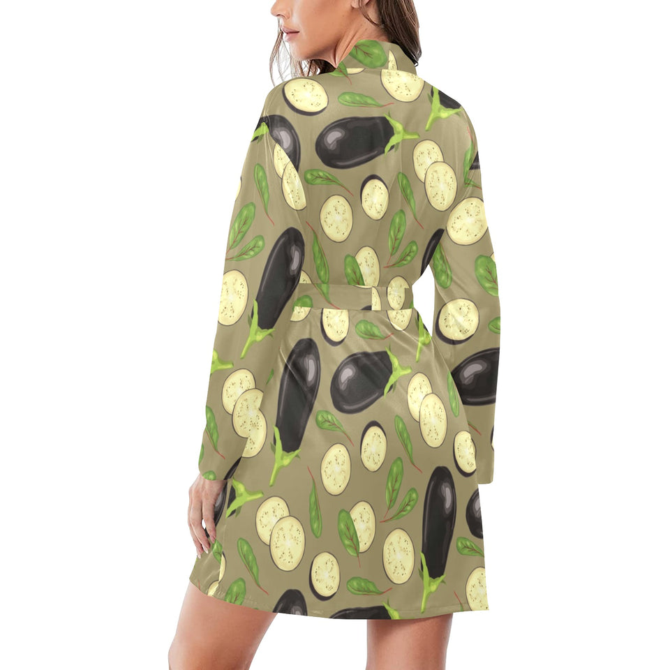 Eggplant Pattern Print Design 02 Women's Long Sleeve Belted Night Robe