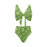 Broccoli pattern green background Chest Bowknot High Waisted Bikini Swimsuit