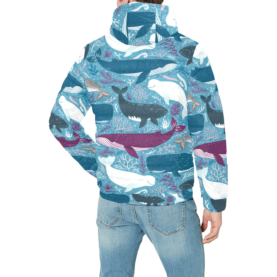 Whale design pattern Men's Padded Hooded Jacket