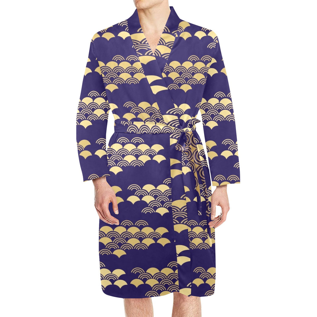 Beautiful japanese fan pattern Men's Long Sleeve Belted Night Robe