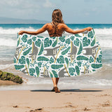 Cute sloths tropical palm leaves white background Beach Towel