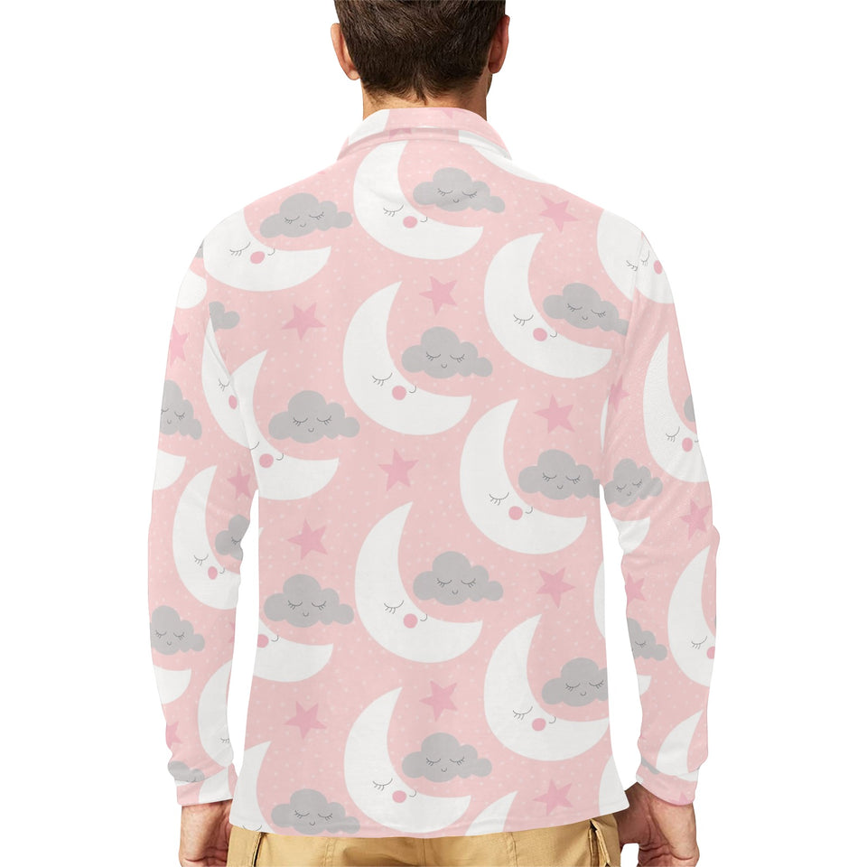 Cute moon cloud star pattern pink dot background Men's Long Sleeve Polo Shirt
