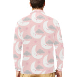 Cute moon cloud star pattern pink dot background Men's Long Sleeve Polo Shirt