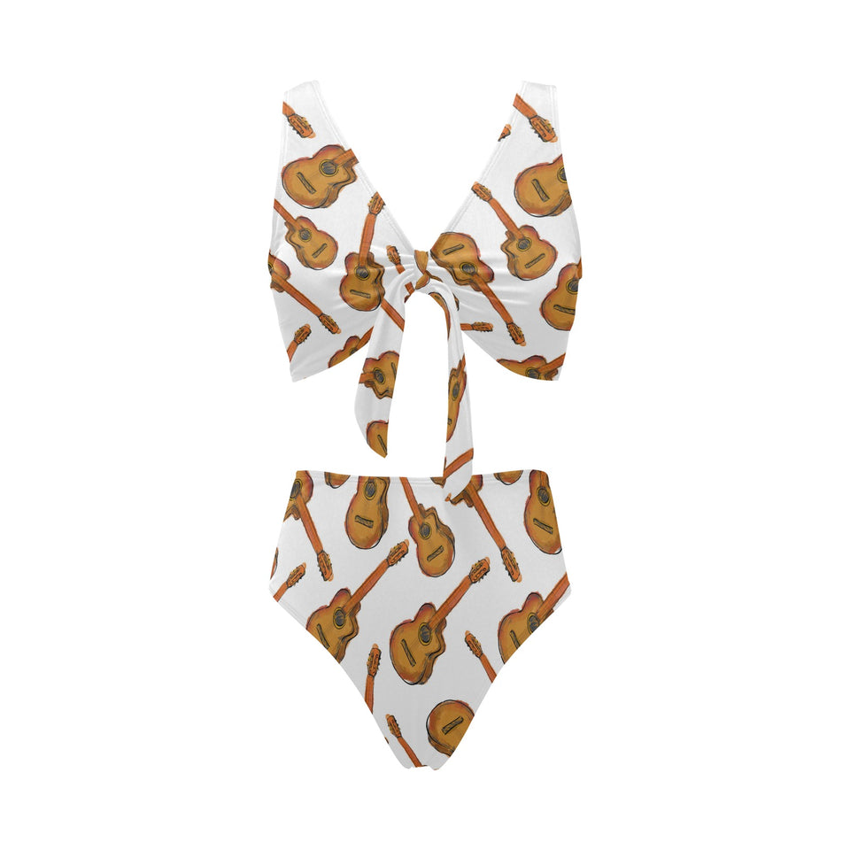 Paint Guitar Pattern Chest Bowknot High Waisted Bikini Swimsuit