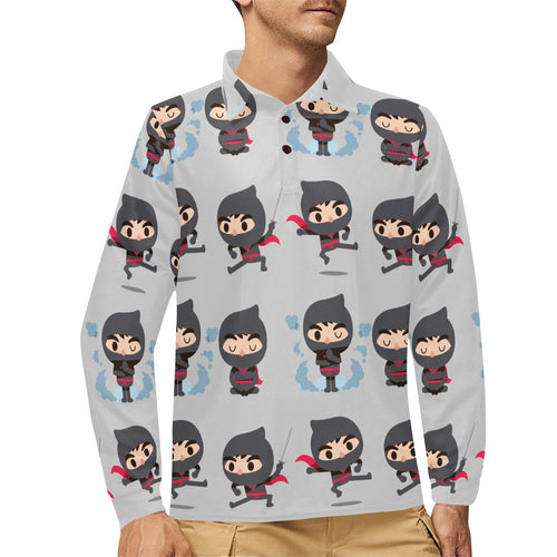 Cute ninja pattern Men's Long Sleeve Polo Shirt