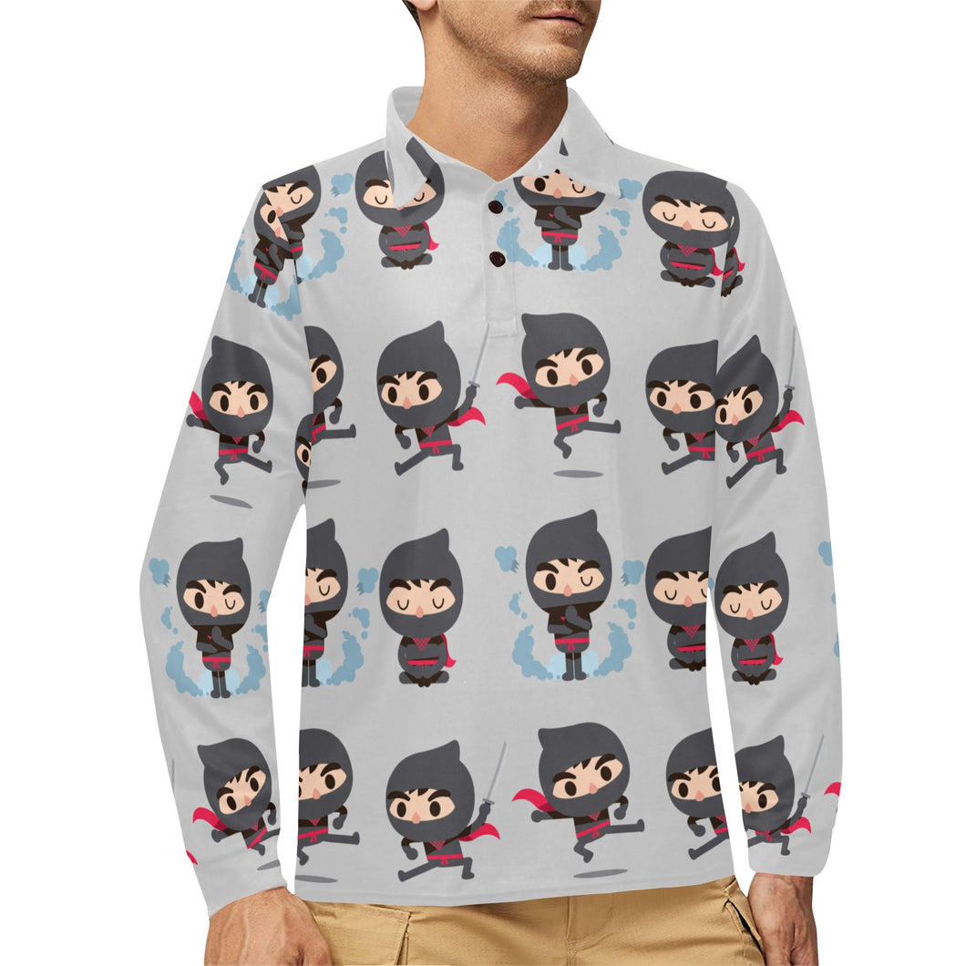 Cute ninja pattern Men's Long Sleeve Polo Shirt