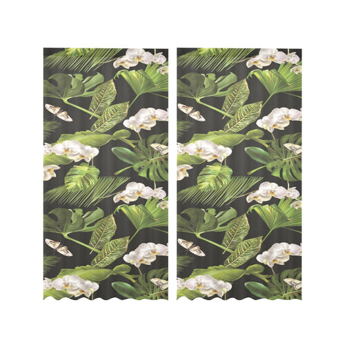 White orchid flower tropical leaves pattern blackg Gauze Curtain