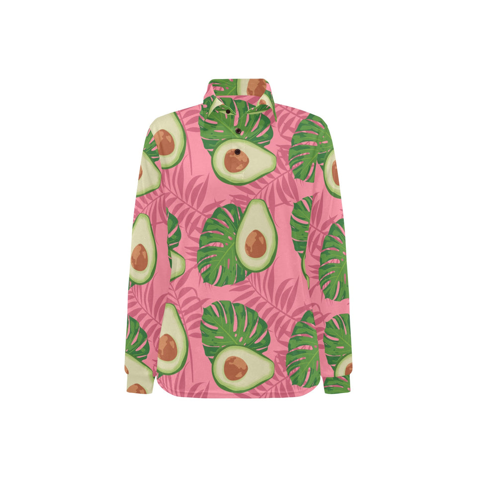 Avocado slices leaves pink back ground Women's Long Sleeve Polo Shirt