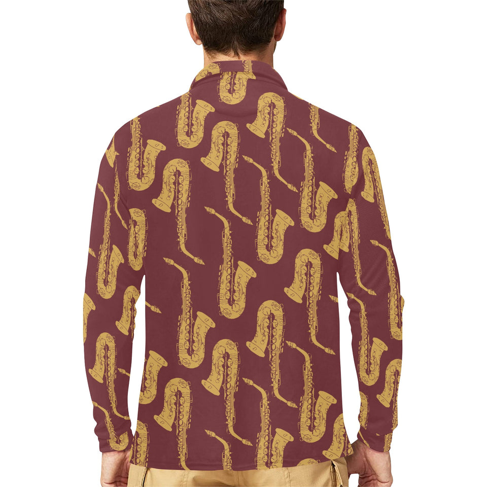 Hand drawn gold saxophone red background Men's Long Sleeve Polo Shirt