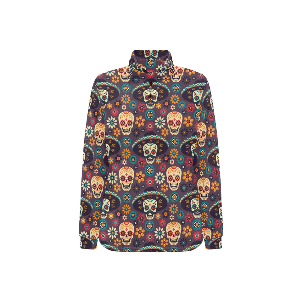 Sugar skulls flower maxican pattern Women's Long Sleeve Polo Shirt