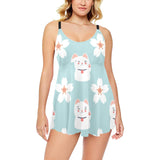 Maneki neko cat sakura Chest Sexy Pleated Two Piece Swim Dress