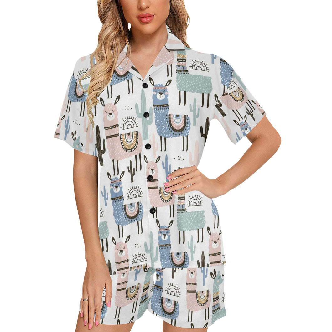 lama Alpaca cactus hand drawn pattern Women's V-Neck Short Pajama Set