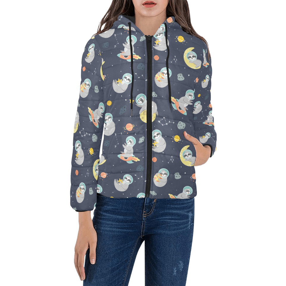 Cute sloth astronaut star planet rocket pattern Women's Padded Hooded Jacket