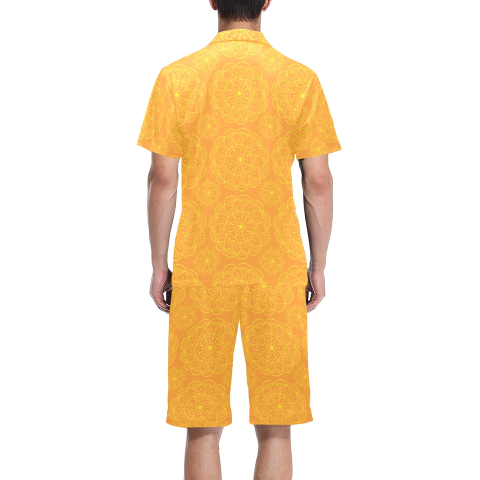 Orange traditional indian element pattern Men's V-Neck Short Pajama Set
