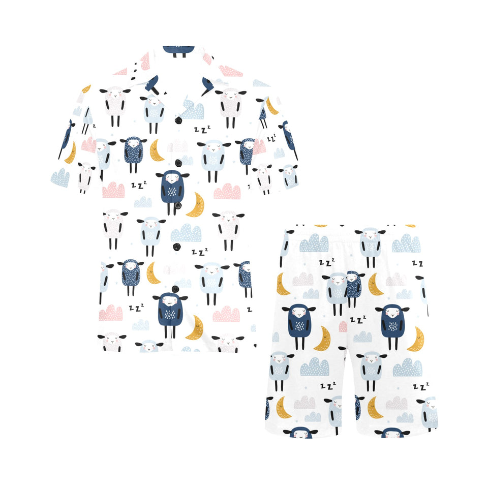 Cute sleeping sheep moon cloud pattern Men's V-Neck Short Pajama Set