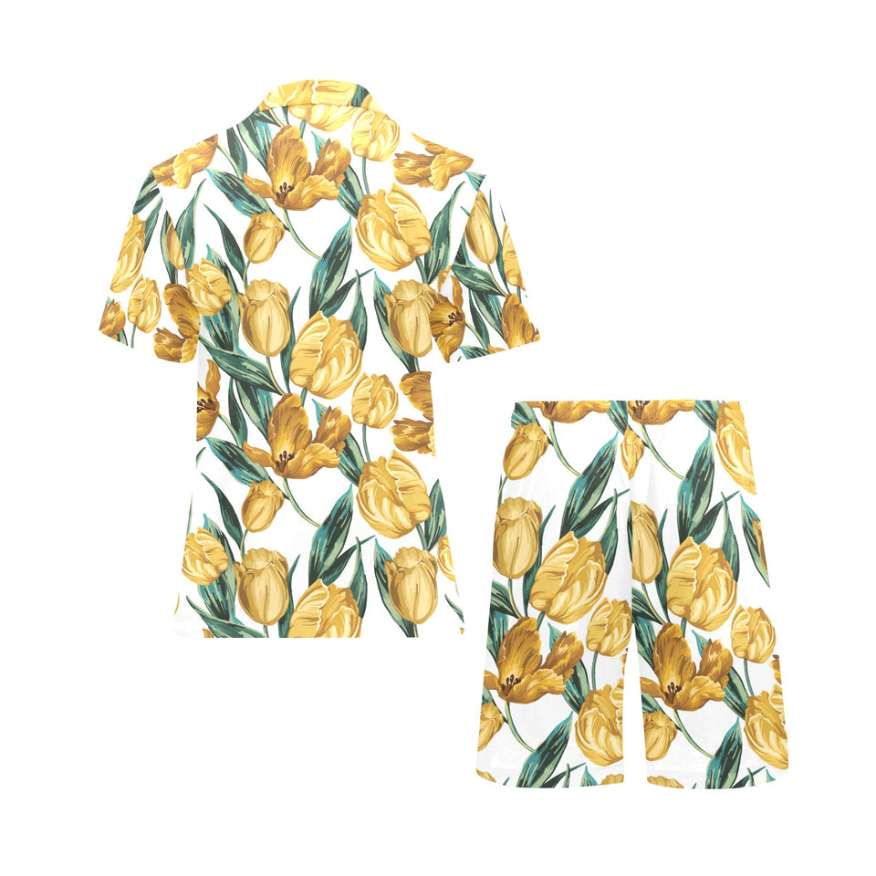 yellow tulips pattern Men's V-Neck Short Pajama Set