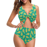 Pineapples pattern green background Chest Bowknot High Waisted Bikini Swimsuit