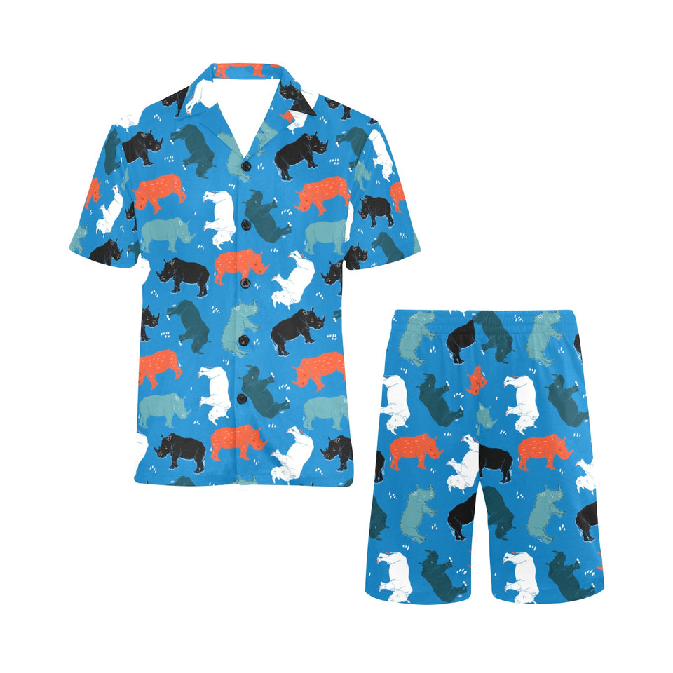 Colorful rhino pattern Men's V-Neck Short Pajama Set