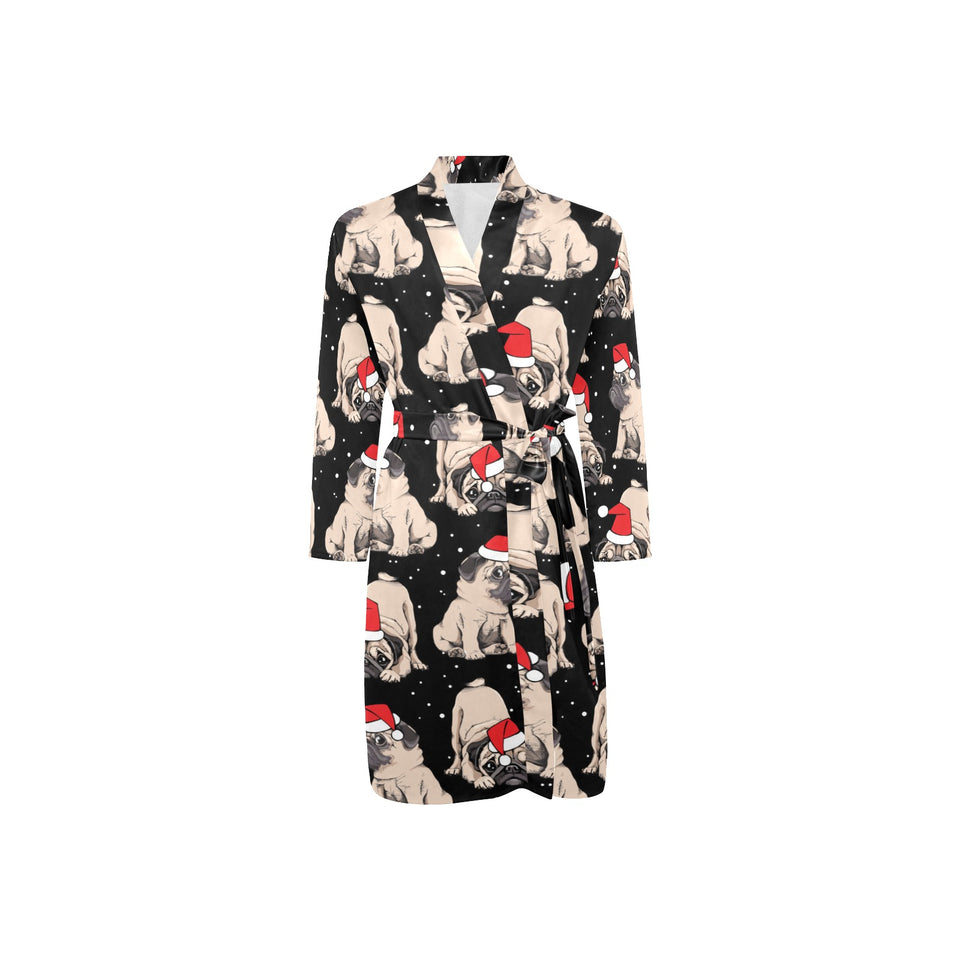 Christmas Pugs Santa_s red cap pattern Men's Long Sleeve Belted Night Robe